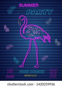 Neon flamingo summer tropic banner Vector. Night club poster label. Bright glowing signboard