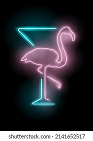 Neon flamingo template with martini glass. Cocktail, martini, bar sign, flamingo bird. Neon style. Sign for the club. Poster on the wall. T-shirt print.