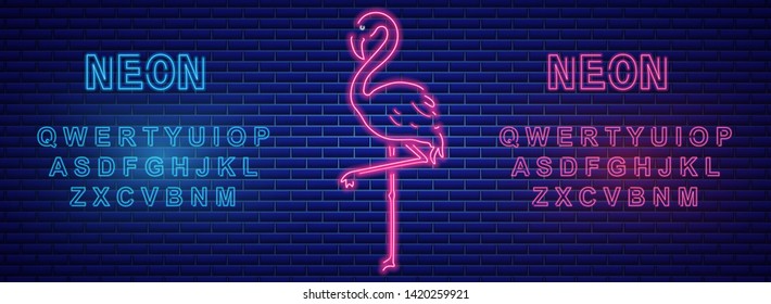 Neon flamingos banner with neon alphabet Vector. Label text signs poster