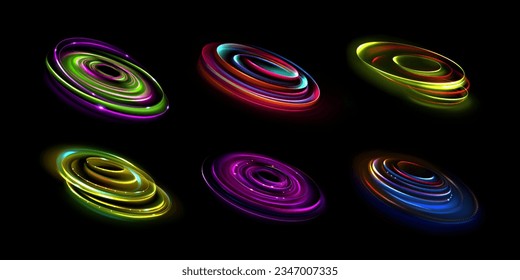Neon flare ring halo vector optical light effect. 3d electric circle frame or radial speed vortex. Spiral orb sphere with abstract beautiful energy motion circles. Isolated geometrical fiber whirl