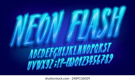 Neon Flash alphabet font. Distorted neon color letters and numbers. Stock vector typescript for your design.