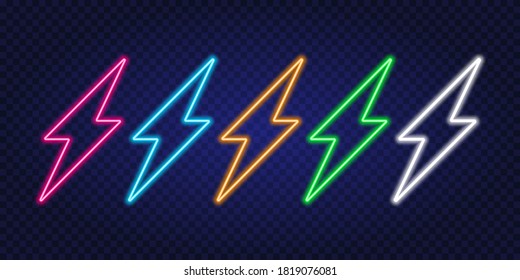 Neon flash. Neon sign of lightning on dark transparent background. Vector illustration
