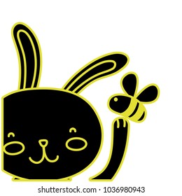 neon flat cartoon rabbit with bee insect flying