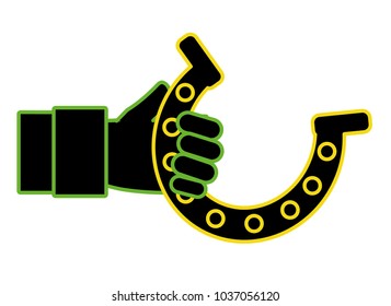 neon flat hand man with metal horseshoe design