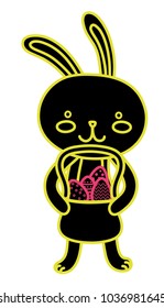 neon flat rabbit animal with eggs easter decoration inside hamper