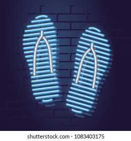 Neon flip flops icon. Night illuminated wall street sign. Isolated geometric style illustration on brick wall background.