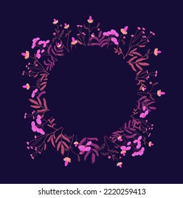 Neon floral frame on a dark background in pink autumn wildflowers