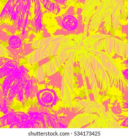 Neon floral Tropical pattern yellow Palm trees seamless on a camouflage background. Pink yellow Graphic painted exotic plants on a grunge pattern abstract background.