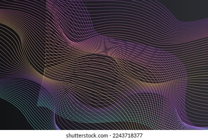 Neon Flow Smooth Vector Black Background. Digital Stripe Modern Banner. Waveform Light Template. Bright Shape Abstract Design.