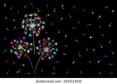 Neon flower dandelions with fluffy scattered neon seeds on a black background