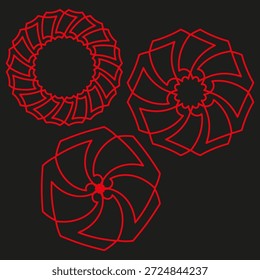 Flor de néon Vetor. Floração espiral brilhante. Ornamento vermelho vibrante. Fundo escuro intenso. EPS 10.