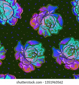 Neon flowers peonies pattern. Floral seamless pattern with blue peony flowers on a dark background. Vintage background with peonies and roses.