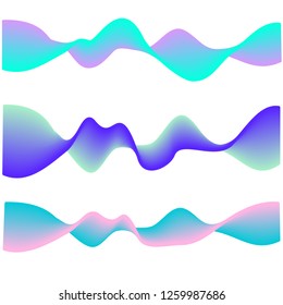 Neon Flowing Wave. Cold Colored Blue Gradient Abstract Shapes Isolated On White. Vector Set. Music, Sound, Electronics Vibes Concept