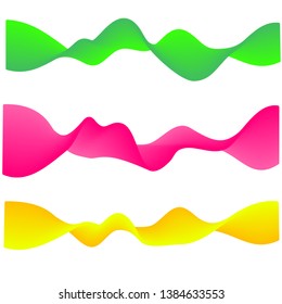 Neon flowing wave. Fluid gradient shapes isolated on white. Green, pink and yellow vibrant colors. Vector set. Music, sound, electronics vibes concept