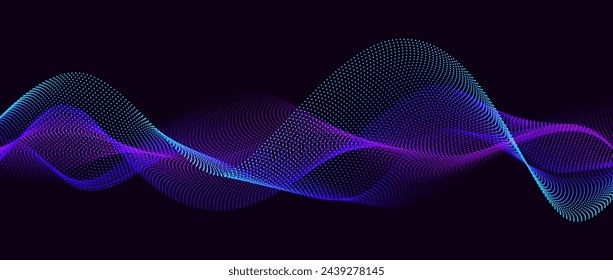 Neon flowing wavy dot lines on black background. Abstract sound wave design for ai concept, equalizer, audio record, voice assistant. Blue green purple gradient dashed curve stripes. Vector wallpaper 