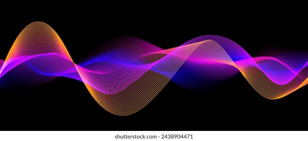 Neon flowing wavy lines on black background. Abstract sound wave design for ai concept, equalizer, audio record, voice assistant. Blue, pink orange gradient curve stripes. Vector wallpaper 