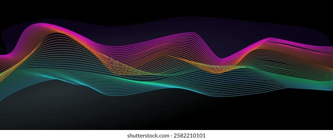 Neon flowing wavy lines on black background. Abstract orange, pink, green, blue wave gradient curve stripes. Vector wallpaper, banner. Wave design for decoration ai concept, equalizer, audio, voice