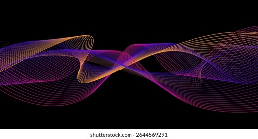 Neon flowing wavy lines on black background. Abstract sound wave design for ai concept, equalizer, audio record, voice assistant. Blue, pink orange gradient curve stripes. Vector background