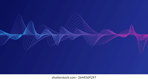 Neon flowing wavy lines on black background. Abstract sound wave design for ai concept, equalizer, audio record, voice assistant. Blue, pink orange gradient curve stripes. Vector background