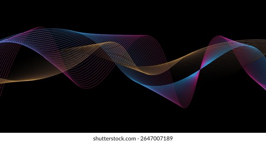 Neon flowing wavy lines on black background. Abstract sound wave design for ai concept, equalizer, audio record, voice assistant. Blue, pink orange gradient curve stripes. modern vector