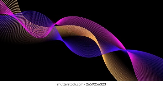 Néon fluindo linhas onduladas sobre fundo preto. Projeto de onda de som abstrato para conceito de ai, equalizador, gravação de áudio, assistente de voz. Listras de curva de gradiente laranja, azul e rosa. Papel de parede vetorial