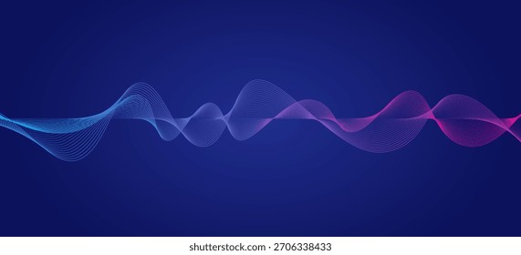 Néon fluindo linhas onduladas sobre fundo preto. Projeto de onda de som abstrato para conceito de ai, equalizador, gravação de áudio, assistente de voz. Listras de curva de gradiente laranja, azul e rosa. Plano de fundo do vetor	