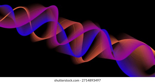 Néon fluindo linhas onduladas sobre fundo preto. Projeto de onda de som abstrato para conceito de ai, equalizador, gravação de áudio, assistente de voz. Listras de curva de gradiente laranja, azul e rosa. Papel de parede vetorial