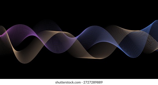 Líneas onduladas que fluyen de neón sobre fondo negro. Diseño Abstractas de la onda de sonido para el concepto de la IA, ecualizador, grabación de audio, asistente de voz. Rayas de curva degradada de color azul, rosa y naranja. Vector moderno