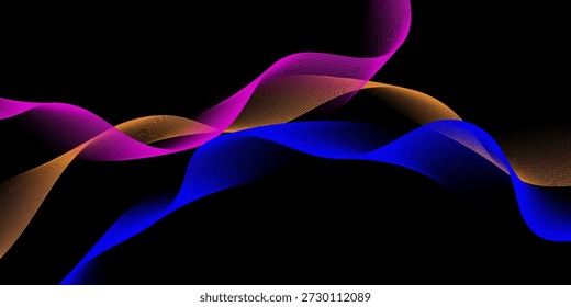 Líneas onduladas que fluyen de neón sobre fondo negro. Diseño Abstractas de la onda de sonido para el concepto de la IA, ecualizador, grabación de audio, asistente de voz. Rayas de curva degradada de color azul, rosa y naranja. Fondo de pantalla de Vector