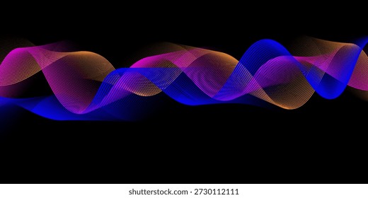 Líneas onduladas que fluyen de neón sobre fondo negro. Diseño Abstractas de la onda de sonido para el concepto de la IA, ecualizador, grabación de audio, asistente de voz. Rayas de curva degradada de color azul, rosa y naranja. Fondo de pantalla de Vector