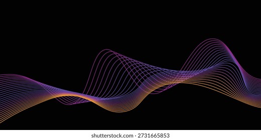 Líneas onduladas fluidas de neón sobre fondo negro. Diseño de onda de sonido Abstractas para el concepto de IA, ecualizador, grabación de audio, asistente de voz. Rayas azules, rosadas y naranjas con gradiente. Fondo de pantalla de Vector 