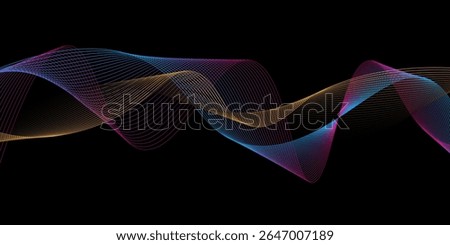 Neon flowing wavy lines on black background. Abstract sound wave design for ai concept, equalizer, audio record, voice assistant. Blue, pink orange gradient curve stripes. modern vector
