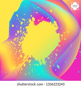 Neon fluid paint splatter artistic template design. Colorful ink explosion texture splash in yellow pink background vector. Trendy creative abstract illustration for Sticker Flyer Banner