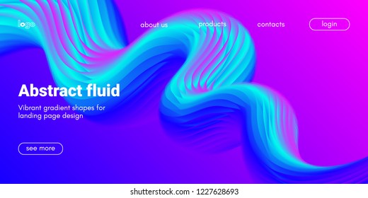 Neon Fluid Shape. Landing Page Gradient Template. Abstract 3d Poster in Futuristic Style. Wave Liquid Shape Movement for Web Design. Modern Geometric Banner with Blue and Pink Color Fluid Waves.