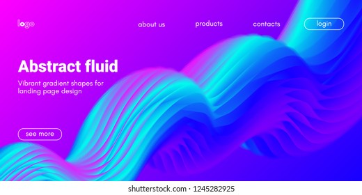 Neon Fluid Shape. Landing Page Gradient Template. Abstract 3d Poster in Futuristic Style. Wave Liquid Shape Movement for Web Design. Modern Geometric Banner with Blue and Pink Color Fluid Waves.
