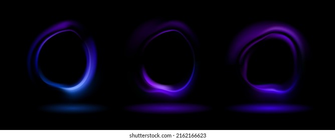 Neon fluorescent waves in the form of a circle with reflection on a black isolated background. Vector illustration with glowing portal. Round luminous frame in purple and pink. Freezelight