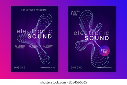 Neon flyer. Bright discotheque brochure set. Dynamic gradient shape and line. Neon flyer trance event. Techno dj party. Electro dance music. Electronic sound. Club fest poster. 