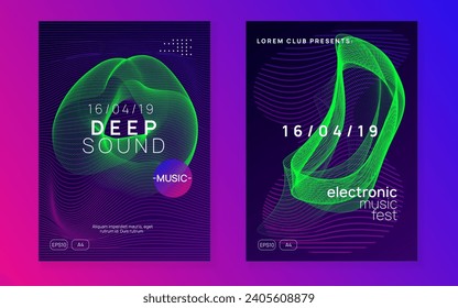 Neon flyer. Bright show brochure set. Dynamic gradient shape and line. Neon flyer trance event. Techno dj party. Electro dance music. Electronic sound. Club fest poster. 