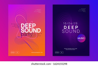 Neon flyer. Commercial show invitation set. Dynamic fluid shape and line. Neon flyer trance event. Techno dj party. Electro dance music. Electronic sound. Club fest poster.