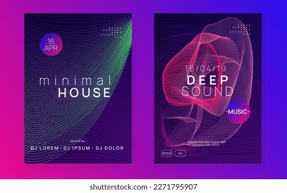 Neon flyer. Cool concert banner set. Dynamic fluid shape and line. Neon flyer trance event. Techno dj party. Electro dance music. Electronic sound. Club fest poster. 