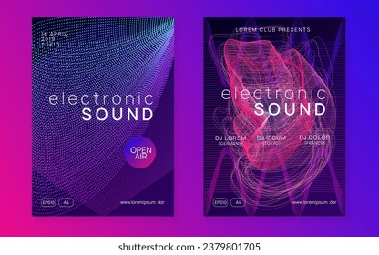 Neon flyer. Creative concert invitation set. Dynamic fluid shape and line. Neon flyer trance event. Techno dj party. Electro dance music. Electronic sound. Club fest poster. 