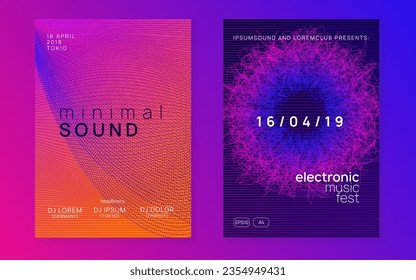 Neon flyer. Curvy discotheque brochure set. Dynamic fluid shape and line. Neon flyer trance event. Techno dj party. Electro dance music. Electronic sound. Club fest poster. 