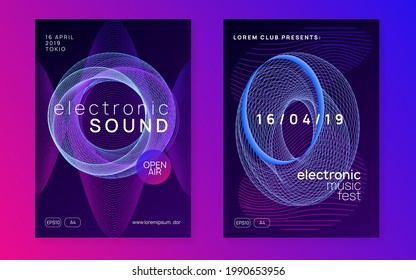 Neon flyer. Digital concert cover set. Dynamic fluid shape and line. Neon flyer trance event. Techno dj party. Electro dance music. Electronic sound. Club fest poster. 