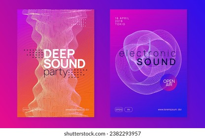 Neon flyer. Digital concert cover set. Dynamic fluid shape and line. Neon flyer trance event. Techno dj party. Electro dance music. Electronic sound. Club fest poster. 