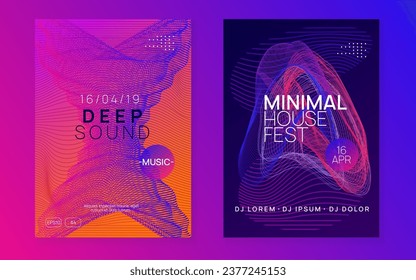 Neon flyer. Digital discotheque invitation set. Dynamic fluid shape and line. Neon flyer trance event. Techno dj party. Electro dance music. Electronic sound. Club fest poster. 