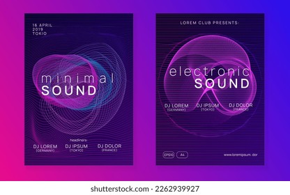 Neon flyer. Digital show cover set. Dynamic fluid shape and line. Neon flyer trance event. Techno dj party. Electro dance music. Electronic sound. Club fest poster. 