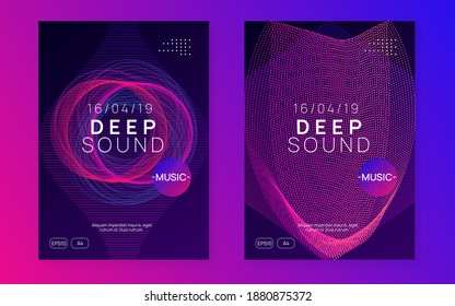 Neon flyer. Dynamic fluid shape and line. Trendy discotheque brochure set. Neon flyer trance event. Techno dj party. Electro dance music. Electronic sound. Club fest poster.