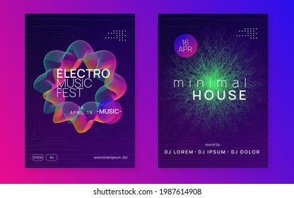 Neon flyer. Dynamic fluid shape and line. Creative discotheque cover set. Neon flyer trance event. Techno dj party. Electro dance music. Electronic sound. Club fest poster. 