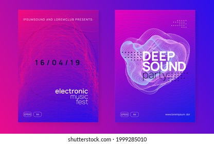 Neon flyer. Dynamic fluid shape and line. Futuristic discotheque banner set. Neon flyer trance event. Techno dj party. Electro dance music. Electronic sound. Club fest poster. 