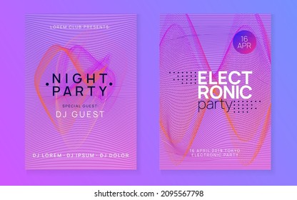 Neon flyer. Dynamic fluid shape and line. Cool show magazine set. Neon flyer trance event. Techno dj party. Electro dance music. Electronic sound. Club fest poster. 